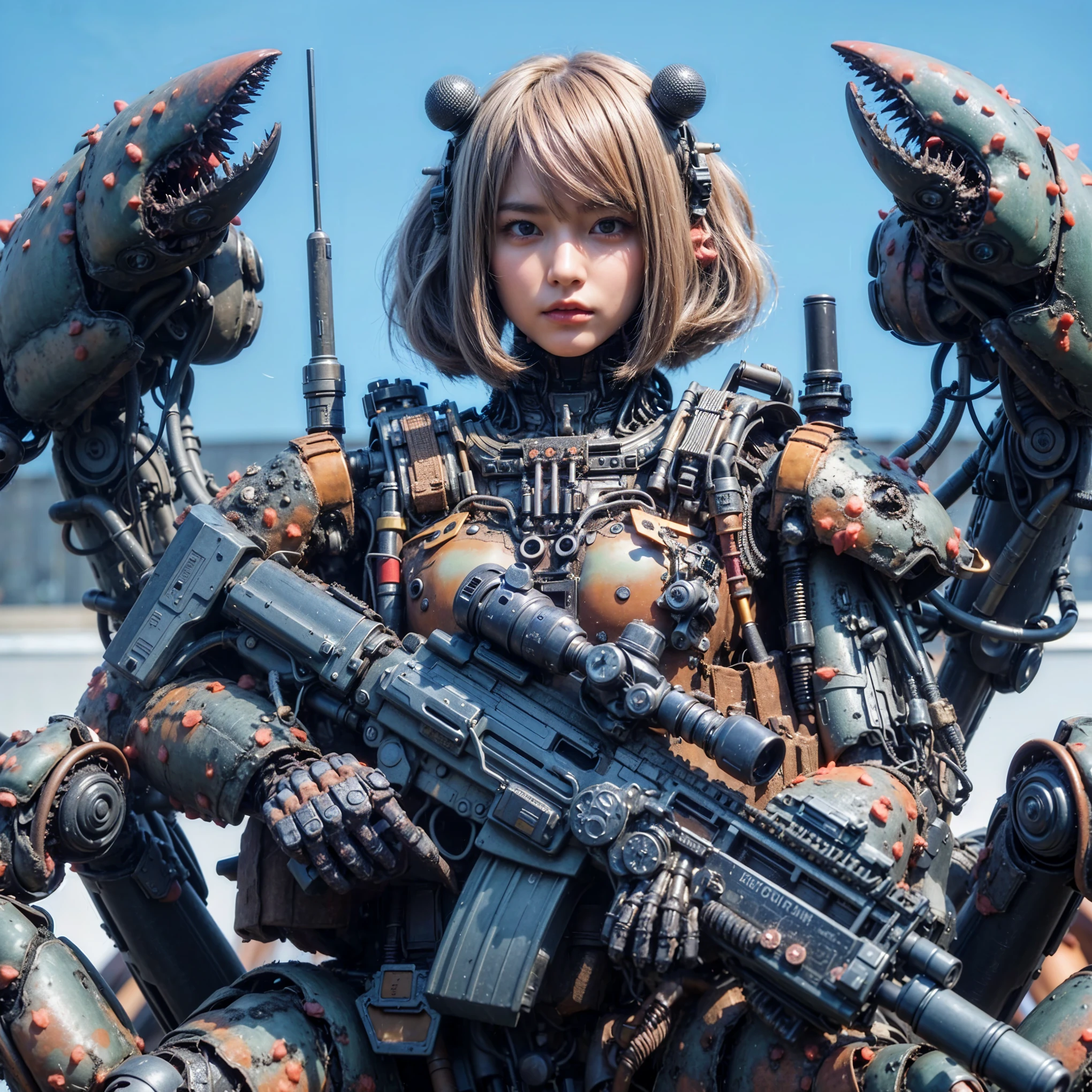 superrealism, ultra high res,8k,(Photorealsitic:1.4), (WWⅡ-like mechanical suit:1.2), designed by Hajime Katoki,heavy weapons,vivid textures,animal legs, gradation hair, japanese female soldier,(ultra beautiful face),((super realistic all textures)), ((super intricate all details)), full body shot, ultra sharp photo result, scratch, Rust, weathering, taken with Fuji film X-T30+Nokton. HDR10,Minimum of 4 pieces created