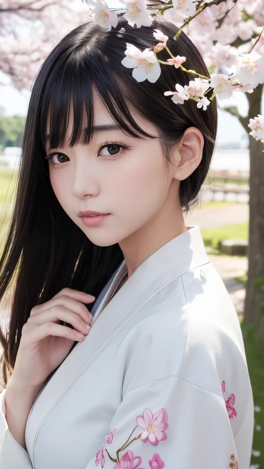 (logo、masterpiece、8k、Tabletop、RAW Photos、wonderful、最high quality、Realistic、Very detailed CG 統合 8k 壁紙、high quality、Very detailed、Narrative poem、Particle Effects、Dynamic Effects、Written boundary depth、Cinematic Light、Lens flare、Ray Tracing)、Fantasy、 (1 Beauty、White kimono、Japanese Clothing、White cherry blossom pattern、White cherry blossom embroidery pattern、Black-haired、Beautiful Face、True Face、Beautiful details in the eyes、Beautiful Skin)、Hair flutters in Wind、Hair bounces、Pink cherry blossom tree、Petals flutter、SakuraFubuki、wonderful景色、Morning Glow、Sun in the background、Wind、god々、teeth、god話、Vast land、