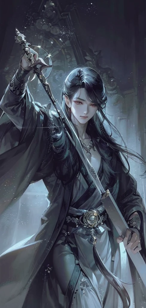 (Very delicate and beautiful:1.2), 8k, (masterpiece, Highest:1.0), , (length_dark_hair_male:1.5), Upper Body, pararel_hairのあるmale性, Cool and seductive, evil_sight, Wearing an open Hanfu, Half naked_chest Intricate details, Intricate details, finely ((Perfect symmetrical eyes:1.5)) Detailed face, Perfect Eyes, Equal Eyes, Fantastic Light and Shadow、White Room Background、 Uses backlight and rim light