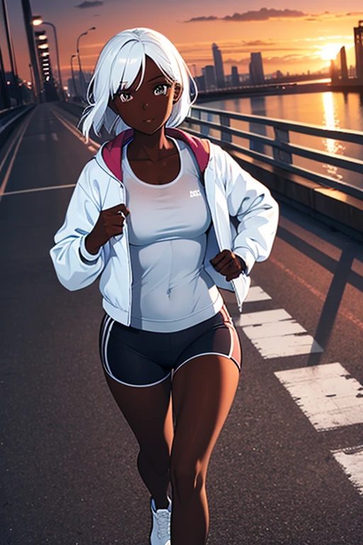 1 girl, lustrous dark skin, white hair, white clothes, tight running shorts, tight tank top, loose jacket, sunset city, bridge background