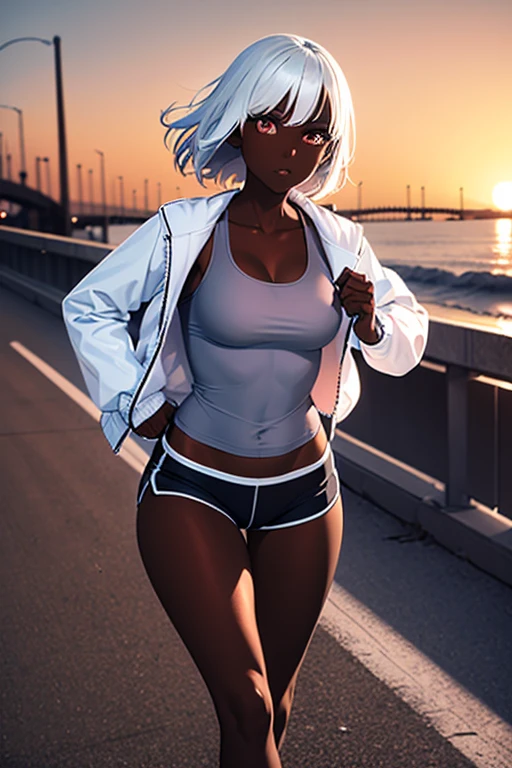 1 girl, lustrous dark skin, white hair, white clothes, tight running shorts, tight tank top, loose jacket, sunset city, bridge background