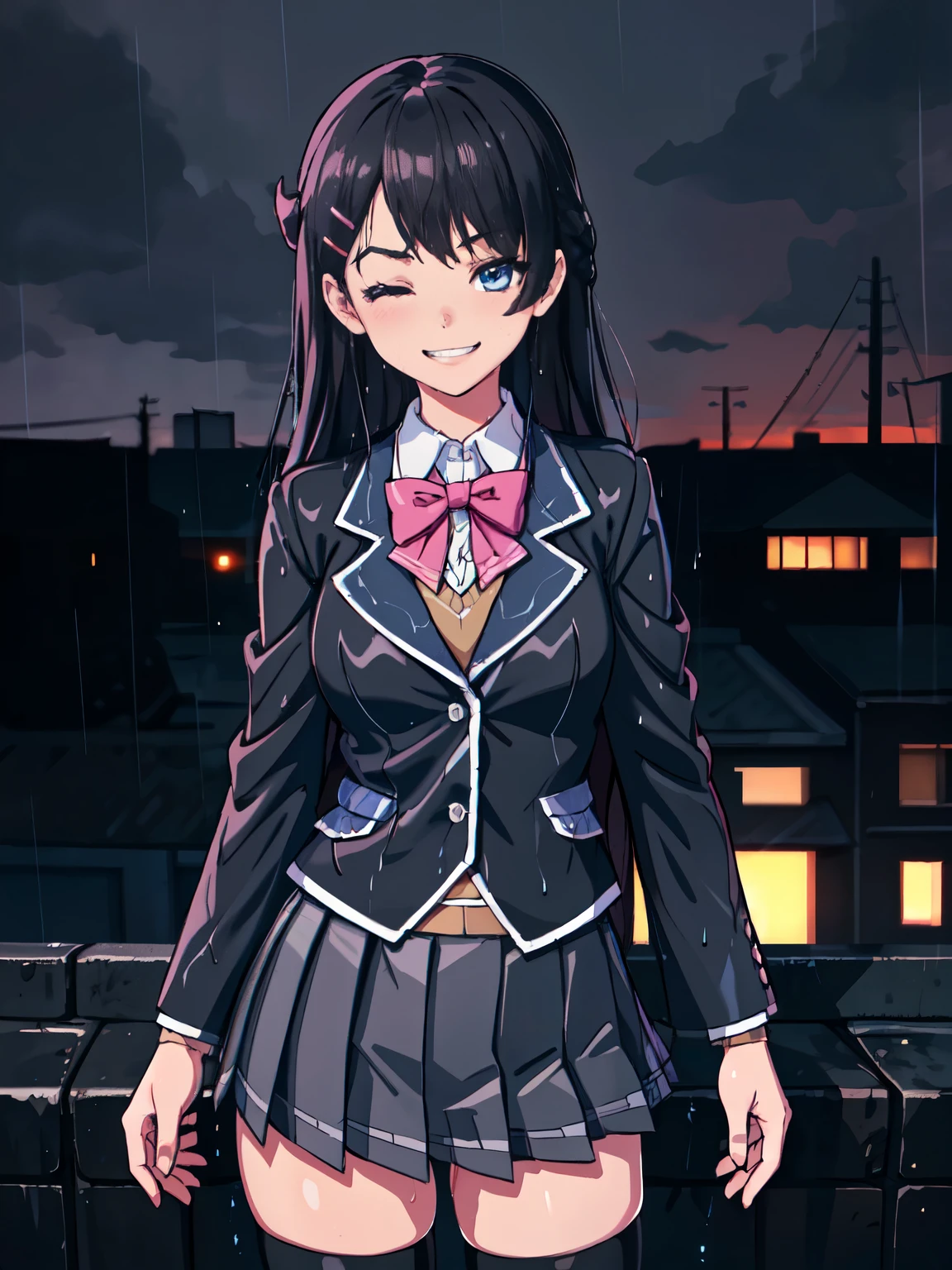 best quality, masterpiece, 1 girl, (silhouette lighting:1.2), (cowboy shot:1.3), one eye closed, grin, tsukino mito, long hair, black hair, blazer, black jacket, hairclip, hair ornament, white thighhighs, bangs, pleated skirt, pink bow, , short sleeves, collared shirt, white shirt, blue eyes, plaid skirt, black skirt, (wet skin, wet clothes:1.5), (skirtlift:1.2), urban rooftop, cityscape, (twilight, dusk, rainy:1.3)