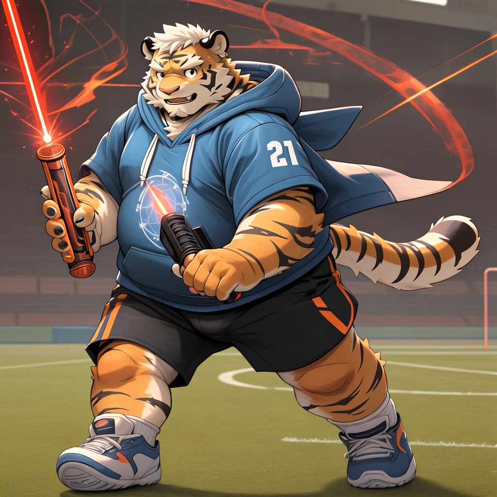 New Jersey 5 Hairy, Full body portrait of an individual, male, exquisite, rounded face,chubby,thick arms,plush fur,orange fur tiger with white hair, mature, daddy, blue short sleeved hoodie, shorts cargo, sport shoes, hold a red laser gun and red saber katana, magic swordman, training ground,