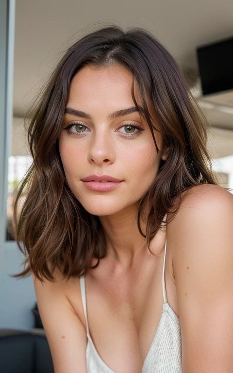 Belle brune portant un pull beige (in a modern cafe at sunset), very detailede, 21 ans, visage innocent, natural wavy hair, yeux vert, high resolution, masterpiece, better quality, Intricate details, very detailed, mise au point nette, detailed skin, texture de peau Realistic, texture, detailed eyes, professionnel, 4k, sourire charmant, filmed in Canon, 85 millimeters, faible profondeur de champ, Couleur Kodak Vision, Corps parfaitement ajusté, extremely detailed, photographier_\(ultra\), photoRealistic, Realistic, Post-traitement, Maximum details, roughness, real life, Ultra Realistic, photorealism, photographie, 8k euh, photographie, bare shoulder, très-petit décolleté, sans sous-vêtement, sexy, flirts with the camera, regarde sexy, regard directement la camera, open face, ne porte pas de sous vetements, nipple visible under tshirt,