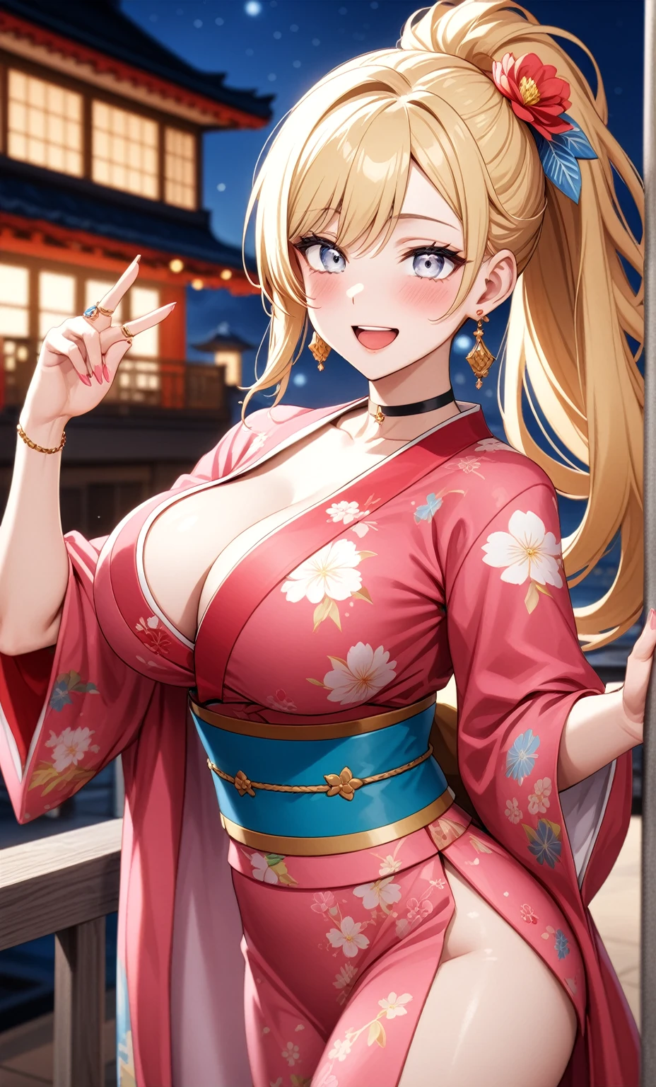 ((one personの女性)), Beautiful Face,Laughing embarrassedly,((Wink:2.0)),laugh with a big mouth,turn bright red,Glossy pink lips,night,rooftop,Festive decorations,You can see the ocean, firework,((Anime style background)),masterpiece, highest quality, so beautiful, Latest, Complex details, (Pink long nails),(ring),(flower bracelet),choker,AI-generated, Complex,High resolution, highest quality, super high quality,3D Images、View your viewers、3D Images,one person,Long Blonde Hair,High Ponytail,blue eyes,Anime woman posing for a photo, (Fine grain,Silvery white colorful eyes,Shining Eyes:1.4),(Squint your eyes:1.1),a hyperRealistic , hyperRealistic , Realistic,Blonde anime woman with long hair, Smooth anime CG art, A woman in a colorful kimono with gold embroidery, (Pink kimono),Red floral pattern,Long flower hair ornament,Big earrings,(ring),(Big Breasts:1.1),Mature Body,Tall,Big Ass,Fine details,Tight waist,Abdominal muscles,(Face close up:1.4,),Facing forward