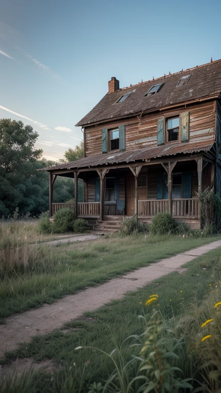 An old, abandoned house on a hill with a rusty gate and an aura of mystery, surrounded by overgrown weeds and shadows.
