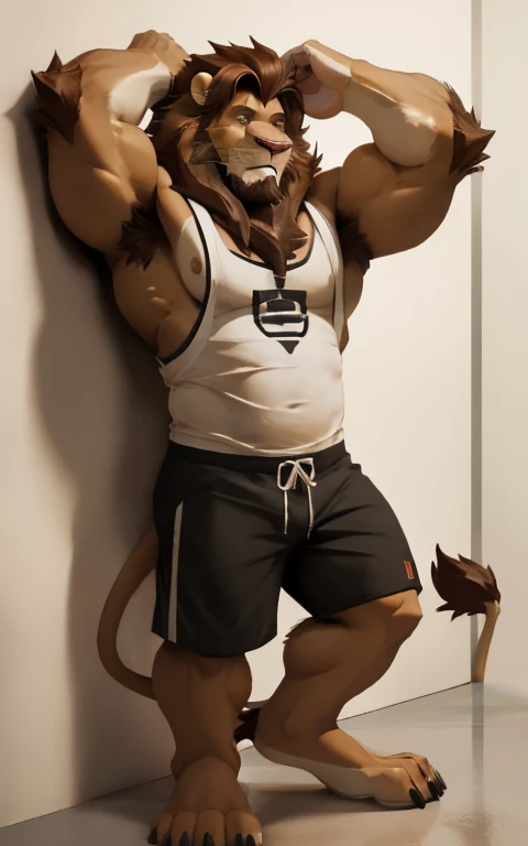 Strong furry male lion, avs, long shorts, tanktop, barefoot, big foot, beard on the chin, hair on the chest, hair on the abdomen, hair on the elbow, hair on the armpit, hot, large bulging veins, hot male lion face, propped against a wall in a cool way