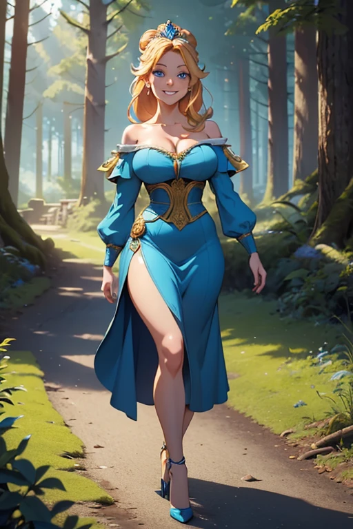 ((Best quality)), ((Masterpiece)), (detailed), perfect face perfect figure, Middle Ages, forest background, 26 year old, Scandinavian woman, Princess, Golden hair, bun-like hairstyle, bright blue eyes, pale skin, large breasts, tight blue dress, off shoulder, cleavage, diamond tiara, blue heels, thrilled smile, teeth, walking, high resolution, (ultra-detailed), (best illustration), (best shadow), (absurdres), (perfect hands, perfect anatomy), (4k textures), epic artistic, sharp focus, even lighting, insane details, intricate details, hyperdetailed, rich colors,
