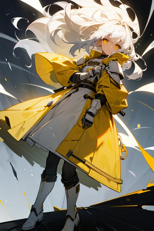Girl height 160, with white hair curly in the wind, yellow eyes, there are cracks on the right side of the face, wears a raincoat, light armor, and also a large white knife, left hand white, she is wearing light boots with protection, does not show emotion on his face, behind her are two large yellow and white hands
