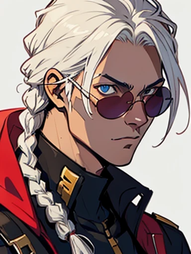  Concept ART face ,human Male ,Vitiligo Brown and white,Clear Skin ,Red round tainted Sunglasses  , white hair,one long braided  , blazblue Series