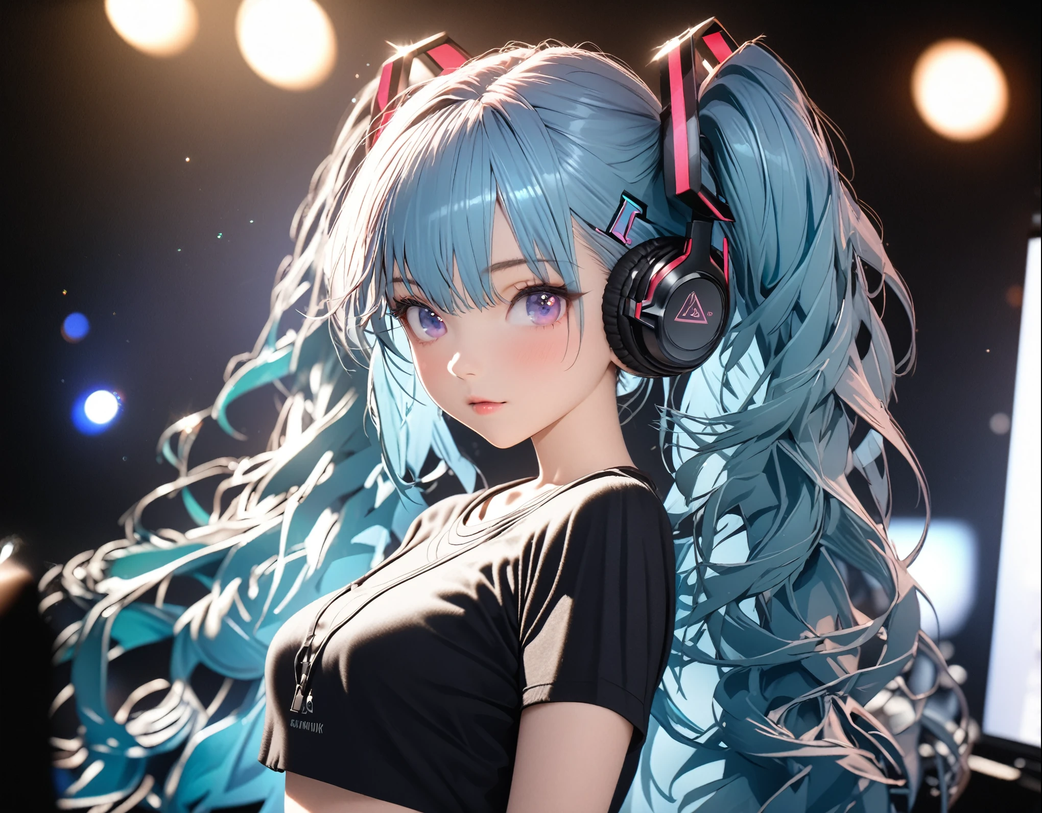 A beautiful girl with long cyan hair, twin ponytail, pretty cyan eyes, eyes makeup, small earrings, wearing a cropped shirt, low rise skirt, and a black headphones, (Hatsune Miku), posing in night town, professional photography studio team, professional fashion model, (super shallow depth of field:1.4), magazine cover photo, (best quality, 8k, highres, masterpiece:1.2), ultra-detailed, (semi-realistic, anime-photo), UHD, studio lighting, ultra-fine painting, sharp focus, physically-based rendering, Octane Render, extreme detail description, professional, vivid colors, heart, bokeh, fashion,