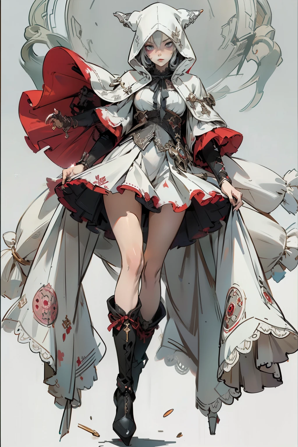 (((masutepiece, of the highest quality, super detailed))), a knight, white background, plain background, Bloodborne inspired, Bloodborne, occult aesthetic, occult, NSFW, red and white clothing detailed and intricate steampunk and detailed gothic lolita (with a hood), NSFW, Complex mechanical boots above the knee, Fluttering lace flared mini skirt, beautiful small breasts directed upwards, (((( Highly detailed face))), small thin nose, Small thin lips mouth, (((Very sharp focused eyes))), Very large slit precision pale grey eyes that shine like jewels. very long eyelashes, Silver hair swaying in the wind, Emitting a dazzling light in a mandala pattern, white background, Very dramatic and cinematic lighting, red and white clothing, full body, whole body, body, cosmic horror