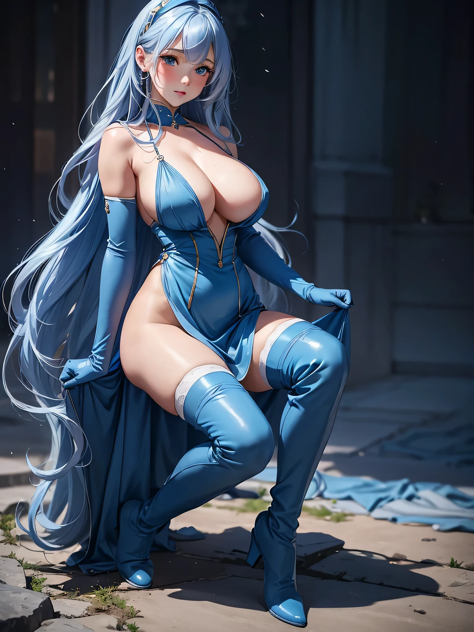 Full body, beatiful eyes, blush, cute face, realistic, 8k, best quality, masterpiece, (1 cute woman, solo: 1.1), very big breasts, long blue hair, blue dress, blue elbow gloves, blue knee high boots, naked shoulders
