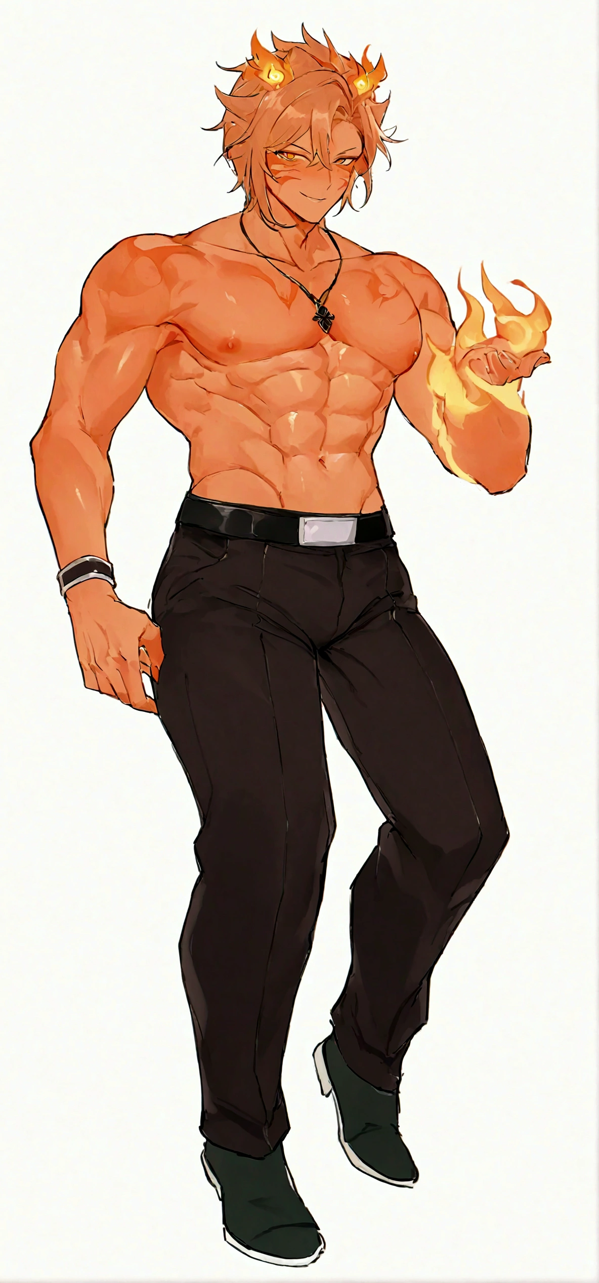 Meisterwerk, Top quality, 16K UHD, Stehen, 1 male fire genasi with orange skin, Feuer Zauberer, kein Oberteil, Free upper body, Sixpack-Muskeln, muscular physique, elegante schwarze Hose, feuriges brennendes Flammenhaar, Feuermagier, a swirling fireball hovers above his left hand, Magische-Kulisse, selbstbewusste Pose, devilish smile. Hochdetaillierte Gesichts- und Hautstruktur, detaillierte Augen, eckige Augenbrauen, Bernsteinfarbene Augen mit Funken, fine facial features, chiseled jawline, Shiny orange skin with smoky undertones