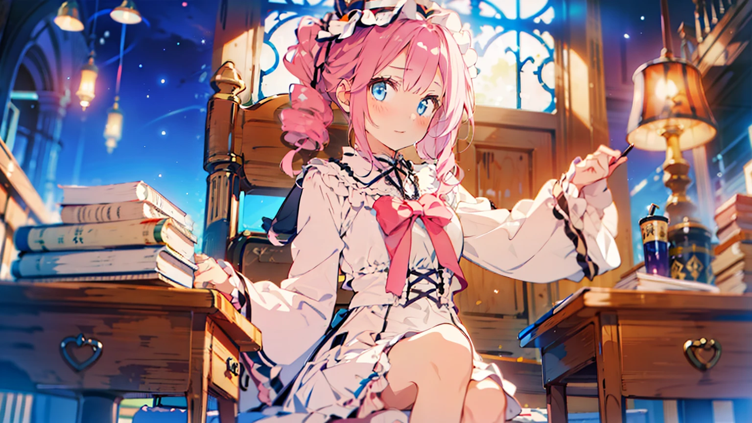 One Woman、young、blue eyes、Pink Hair、Long Hair、Drill-shaped twin-tail hairstyle、Wear a brim、Sit on a chair、I read a book、White Lolita Fashion、Starry Sky