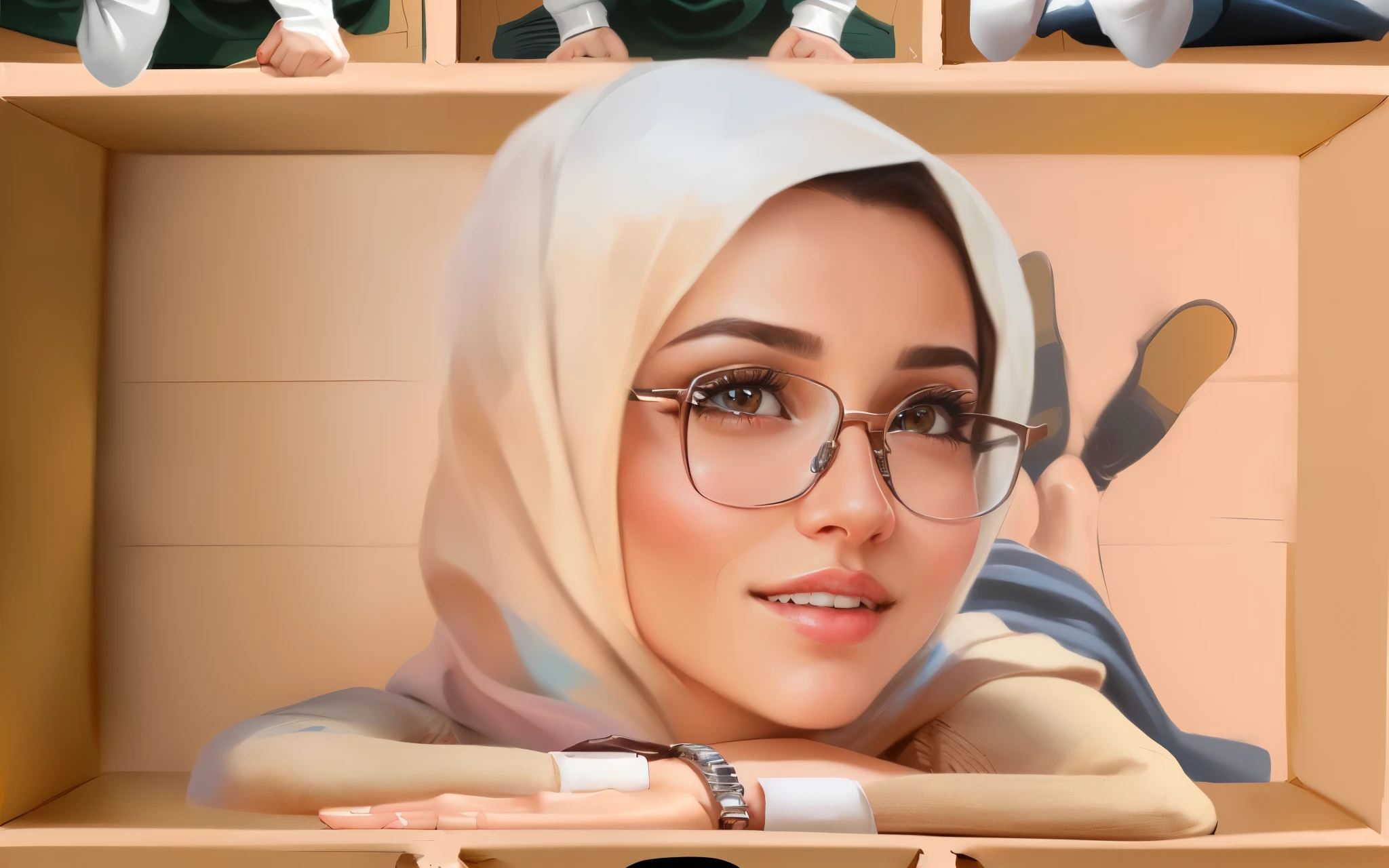 there is a woman with glasses and a scarf in a box, cartoon portrait, cartoon digital painting, close up potrait, realism artstyle, detailed portrait, realistic portrait, photo realistic portrait, high quality portrait, cartoon digital art, medium close up portrait, caricature illustration, closeup character portrait, faridah malik, rendering of close up portrait, caricature style, in cartoon style