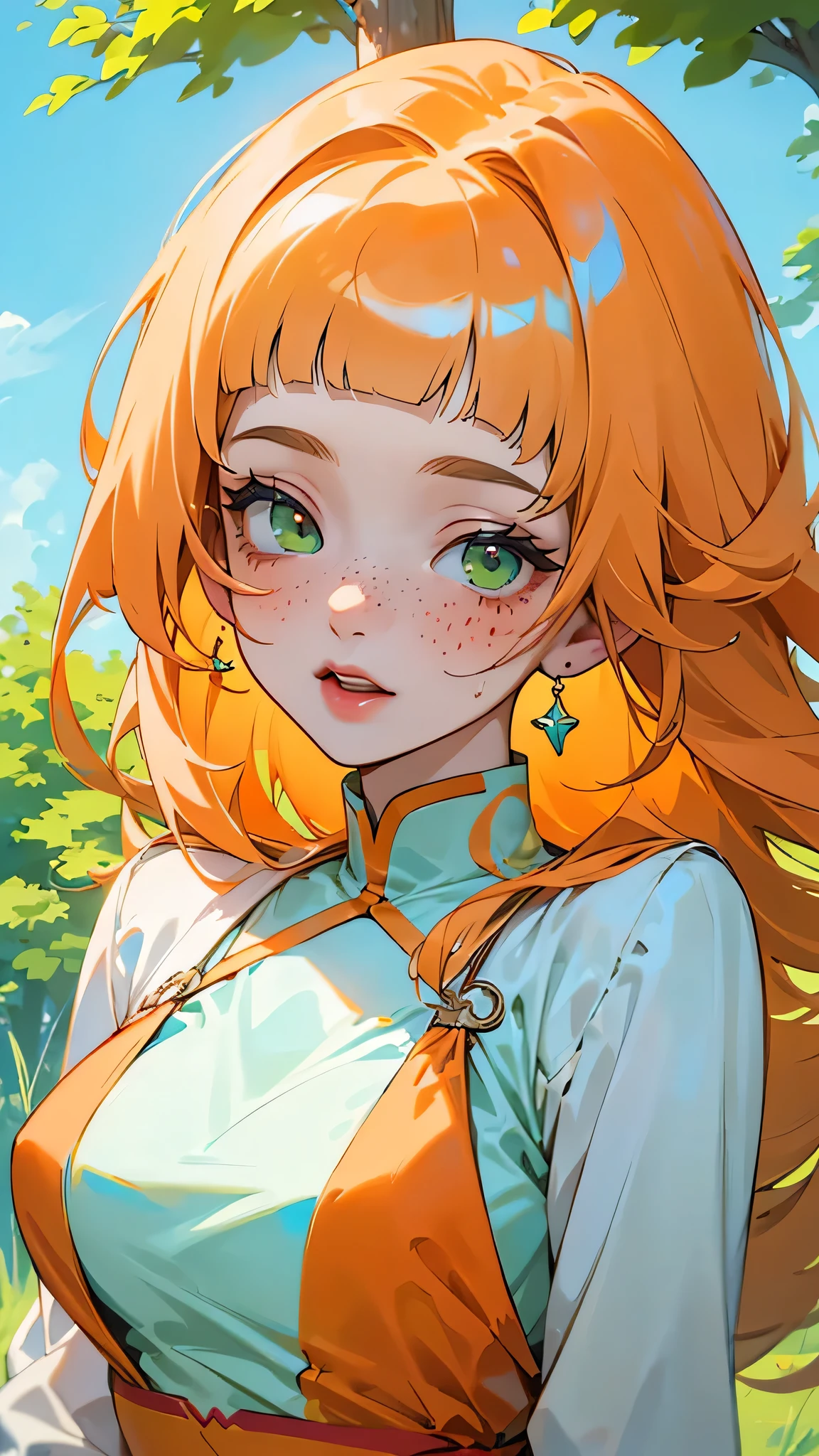 ((best quality)), ((masterpiece)), (detailed), 1 girl, white woman, large, bright green eyes, freckles on her face, long straight orange hair, orange bangs on her forehead, clothes colorful and casual, in the middle of nature, wearing a cute dress anime animation style