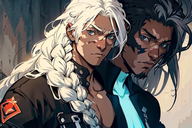  ((Concept ART face )),human Male  ,Vitiligo Brown and white,white hair,one long braided  , blazblue Series