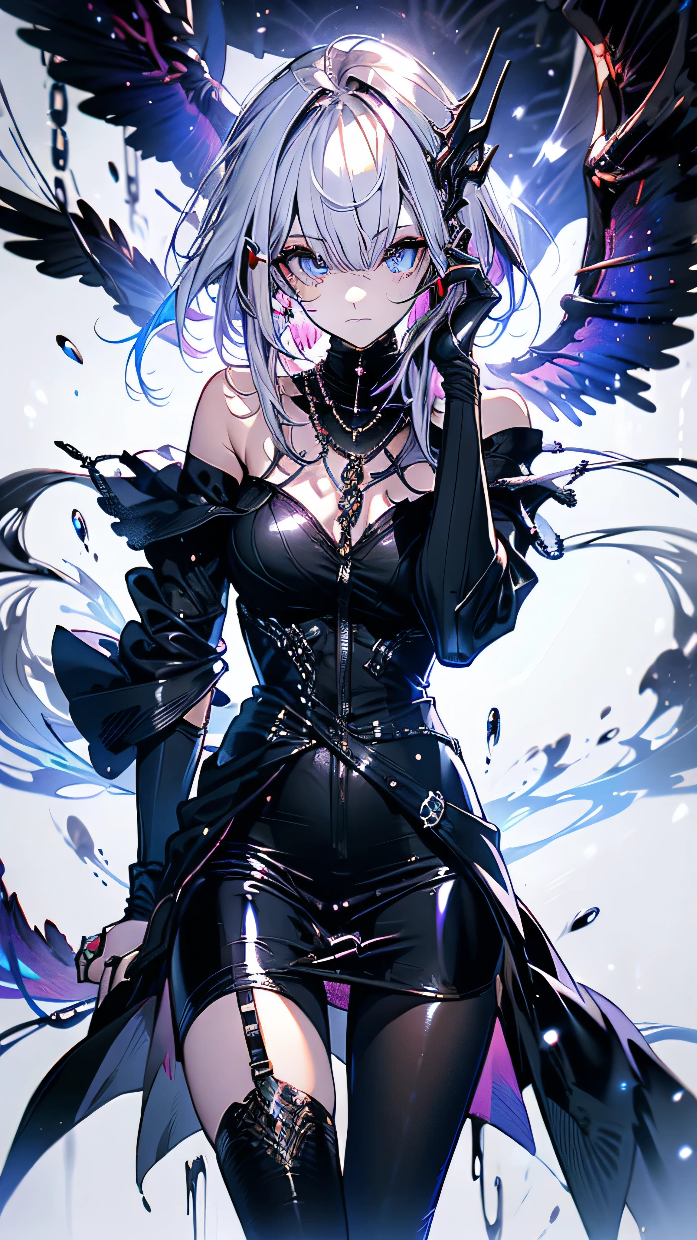 4k anime wallpaper, 4k anime wallpaper, Anime Art Wallpapers 8K, 4K Anime Style, anime art wallpaper 4k, anime art wallpaper 4k, 4k anime wallpaper, Eugeo Art, Detailed digital anime art, ((masterpiece, highest quality)), (Complex Light), Perfect hands, Normal finger, Hyper Detail, Bright colors.Fantasy manga style demon beautiful girl, silver hair, short, headphones, half wearing dark long coat, off the shoulder, black wings, chain, red moon, otherworldly painting.
