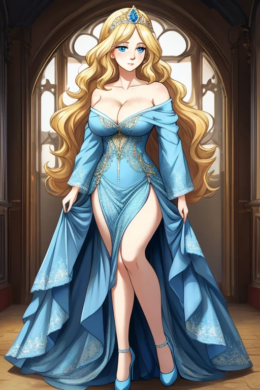 1 girl in, 26 years old, Alone, Aesthetic art, Sweedish, golden blonde wavy hair, Shoulder length hair, bright blue eyes, some small freckles, pale skin, (Textured skin, skin pores: 1.1), large breasts, buxom chested, tight blue dress, off shoulder, cleavage, diamond tiara, blue heels,