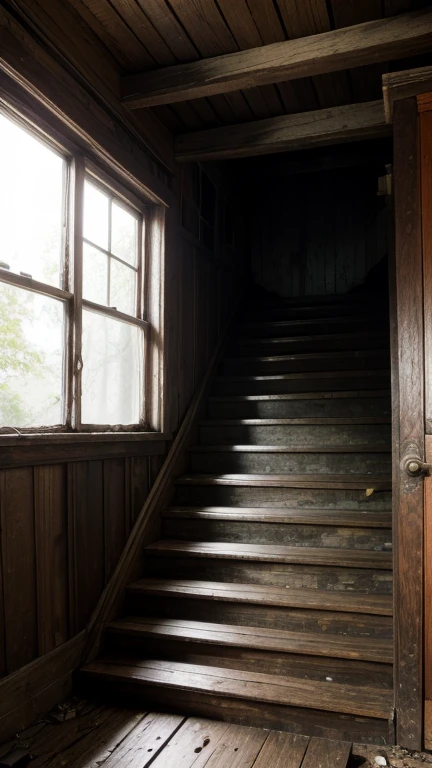 Old wooden stairs that creak with every step, leading to the upper floor of the abandoned house, adding to the eerie ambiance.