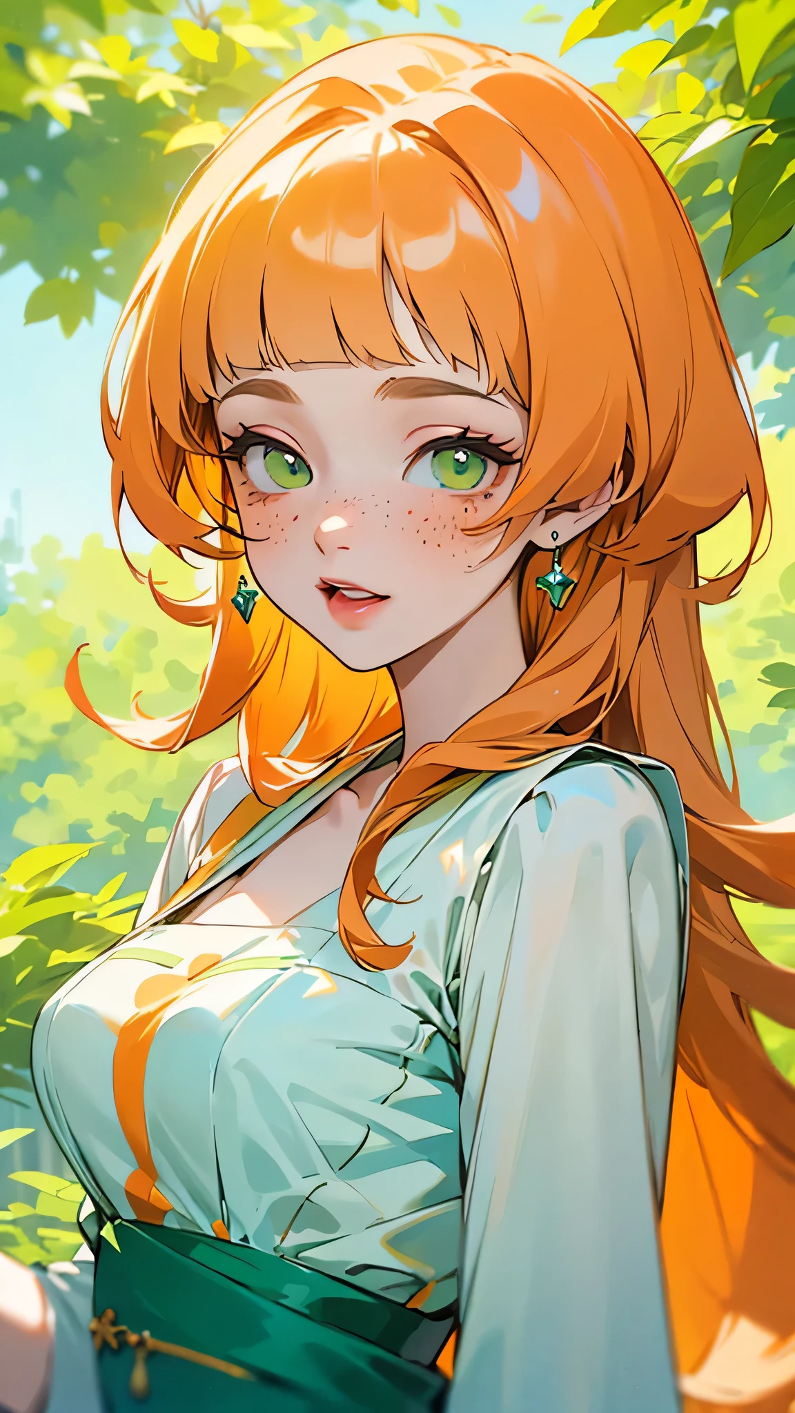 ((best quality)), ((masterpiece)), (detailed), 1 girl, white woman, large, bright green eyes, freckles on her face, long straight orange hair, orange bangs on her forehead, clothes colorful and casual, in the middle of nature, wearing a cute dress anime animation style