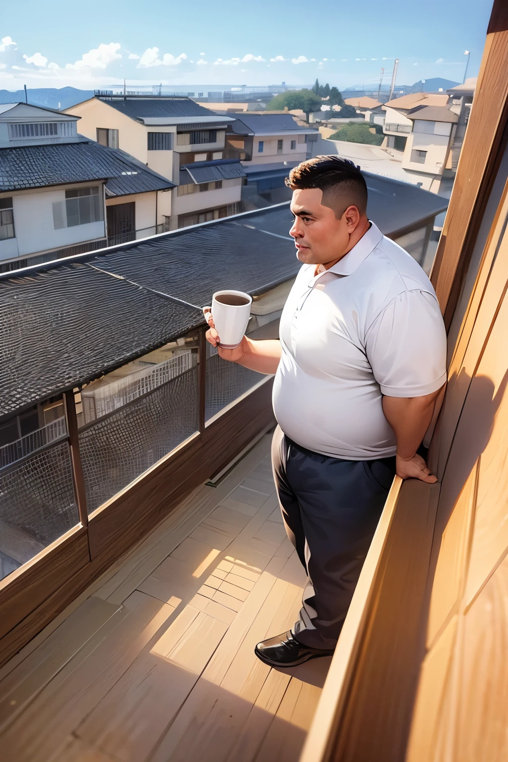 A fat middle-aged man drinking coffee while running on the balcony of a Japanese house