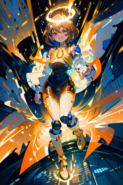 ((masterpiece)), (((best Quality))), ((ultra detailed)), ((illustration)), full resolution, hdr, 5k, ((full body)), (Masterpiece, Best quality:1.4), (Beautiful, Aesthetic, Perfect, Delicate, Intricate:1.2), (ultra resolution:1.2), (ultra detailed), 1 human woman, a cool and thin adult woman, thin woman, wide hips, ((chubby thighs)), posing, majestic view, cool adult woman, ((21 years old)), solo woman, all alone, (flat chest:1.3), (((small breast))), (no breast), ((Hair gradient)), (((very short straight hair))), ((very short bob cut)), (((light brown hair))), ((colored inner hair blue)), (((orange eyes))), starry eyes, detailed eyes, ((long eyelashes)), side glance, pretty eyes, (((freckles on face))), (sobakasu), (((royal blue plug suit with pants))), shiny, sleeves, (shoulder armor), pants, shorts, (((full body plugsuit with legs))), reflective, twisting hips, legs closed, knees together, ((thigh gap)), (((tall armor boots))), (hand in fist), leaping, dodging, running, fighting, (intense combat pose), arm outstretched, ((cool expression)), ((smiling)), shiny teeth, Additional lighting, sunlight, daytime, ((city)), buildings, (dynamic), (ready to fight), (tough), high camera angle, camera looking down, ((from above))