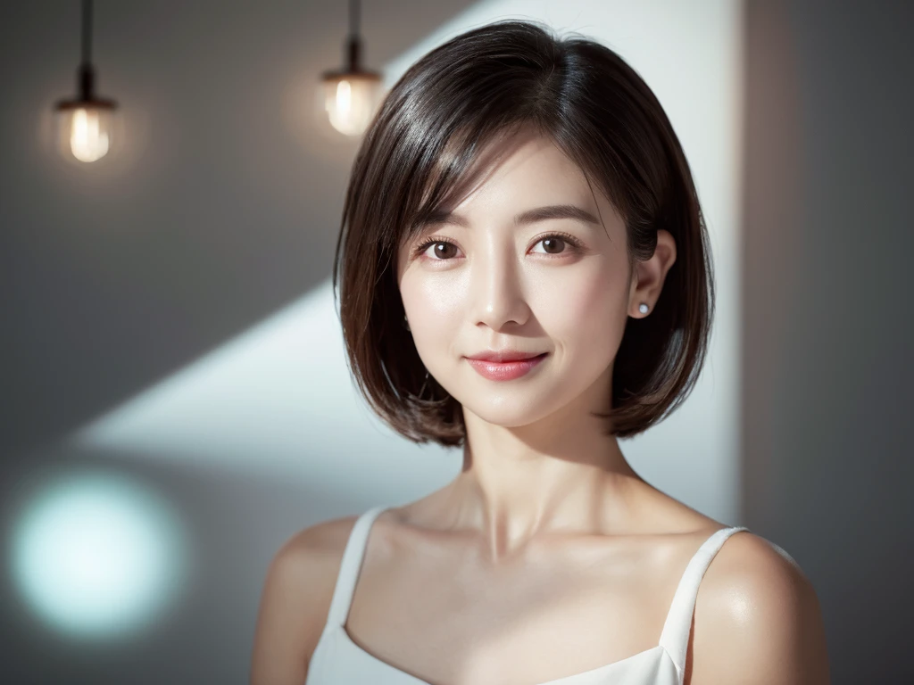 highest quality、8k Masterpiece、superA high resolution、(Photorealistic:1.3)、RAW Photos、1 girl、Black Hair、Glowing Skin、36age、Portrait、Global Illumination、Shadow、Octane Rendering、8k、Super sharp、Beautiful breastetal、Cold colors、、Very intricate details、Soft Light、CGSoation Trend、Beautiful Eyes、Shining Eyes、To the camera、Neon Details、Clear skin、short hair、smile、Featured on cosmetics website、Elegance、Photo Studio、short hair、white