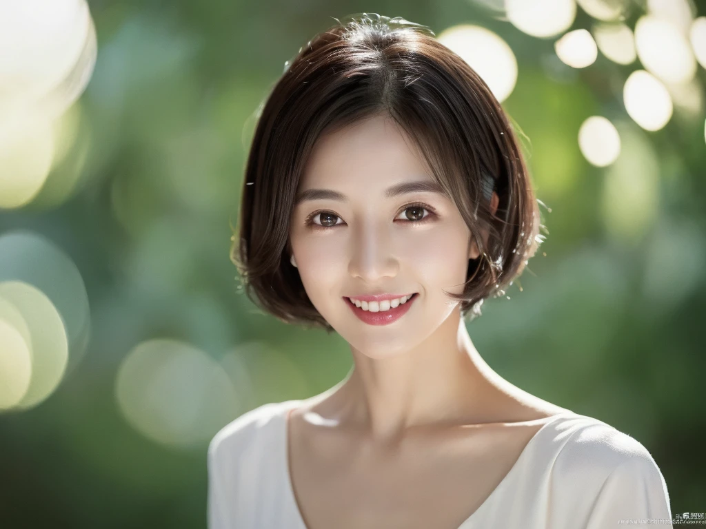 highest quality、8k Masterpiece、superA high resolution、(Photorealistic:1.3)、RAW Photos、1 girl、Black Hair、Glowing Skin、36age、Portrait、Global Illumination、Shadow、Octane Rendering、8k、Super sharp、Beautiful breastetal、Cold colors、、Very intricate details、Soft Light、CGSoation Trend、Beautiful Eyes、Shining Eyes、To the camera、Neon Details、Clear skin、short hair、smile、Featured on cosmetics website、Elegance、Photo Studio、short hair、white
