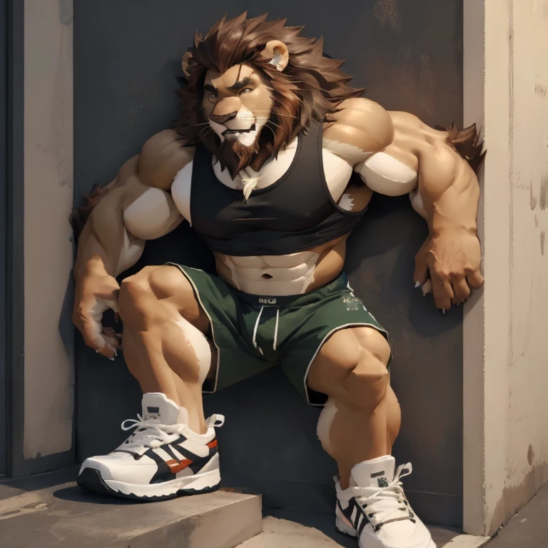Strong furry male lion, abs, long shorts, tanktop, hightop sneakers open at the front for the toes , big foot, beard on the chin, hair on the chest, hair on the abdomen, hair on the elbow, hair on the armpit, hot, large bulging veins, hot male lion face, propped against a wall in a cool way