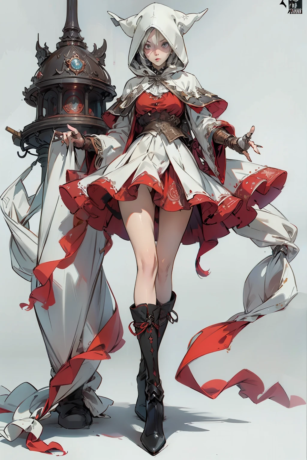 (((masutepiece, of the highest quality, super detailed))), a knight, white background, plain background, Bloodborne inspired, Bloodborne, occult aesthetic, occult, NSFW, red and white clothing detailed and intricate steampunk and detailed gothic lolita (with a hood), NSFW, Complex mechanical boots above the knee, Fluttering lace flared mini skirt, beautiful small breasts directed upwards, (((( Highly detailed face))), small thin nose, Small thin lips mouth, (((Very sharp focused eyes))), Very large slit precision pale grey eyes that shine like jewels. very long eyelashes, Silver hair swaying in the wind, Emitting a dazzling light in a mandala pattern, white background, Very dramatic and cinematic lighting, red and white clothing, full body, whole body, body, cosmic horror