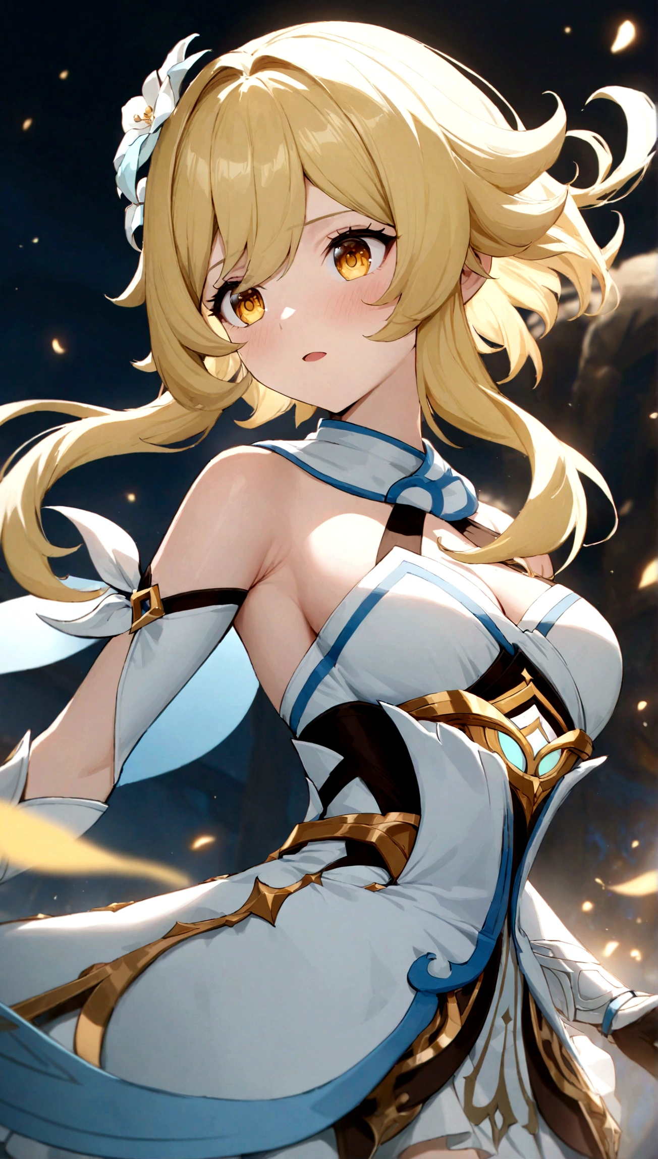 masterpiece, best quality, very aesthetic, absurdres, floating hair, floating clothes, Epic and grandiose scenes,,lumine_(genshin_impact),genshin_impact, 1girl, black_gloves, blonde_hair, breasts, cleavage, detached_sleeves, dress, flower, gloves, hair_flower, hair_ornament, medium_breasts, short_hair_with_long_locks, sidelocks, sleeveless, sleeveless_dress, vambraces, white_dress, white_flower, yellow_eyes,,on stage