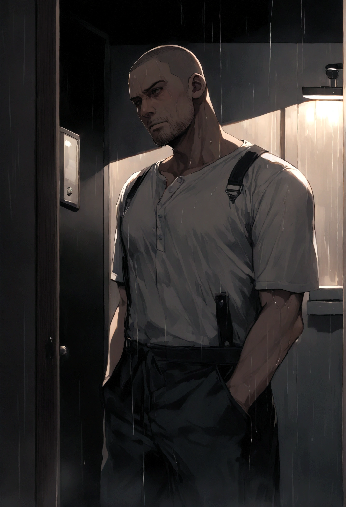 ((A 38-year-old man kissing a 46-year-old middle-aged man))、((Men))、((Wearing a white shirt and tie))、(((A dark and suspicious shower room in a hotel at night)))、((The facial expression of orgasm))、,Short Hair、(buzzcut)、A little muscular、((Wet with rain))、((Masculine))、Detailed facial expressions、(masterpiece),highest quality,Excellent anatomy、、Overall dark atmosphere