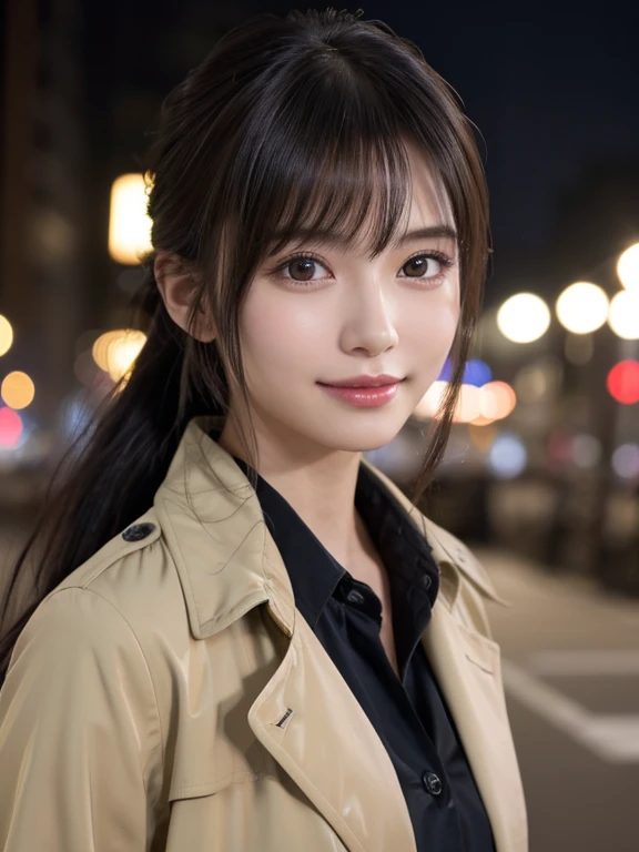 1 Japanese girl,(trench coat:1.4, shirt), (RAW Photos, highest quality,8K), (Realistic, Realistic:1.4), Very delicate and beautiful, Very detailed, 8k wallpaper, wonderful, In detail, Very detailedなCG Unity, High resolution, Soft Light, 美しくIn detail描かれた19歳の少女, Very detailedな目と顔, Beautiful and detailed nose, Beautiful details,Cinema Lighting,City lights at night,Perfect Anatomy,Slender body,Large Breasts、smile (My hair is messy, Asymmetrical bangs, Black Hair,ponytail)