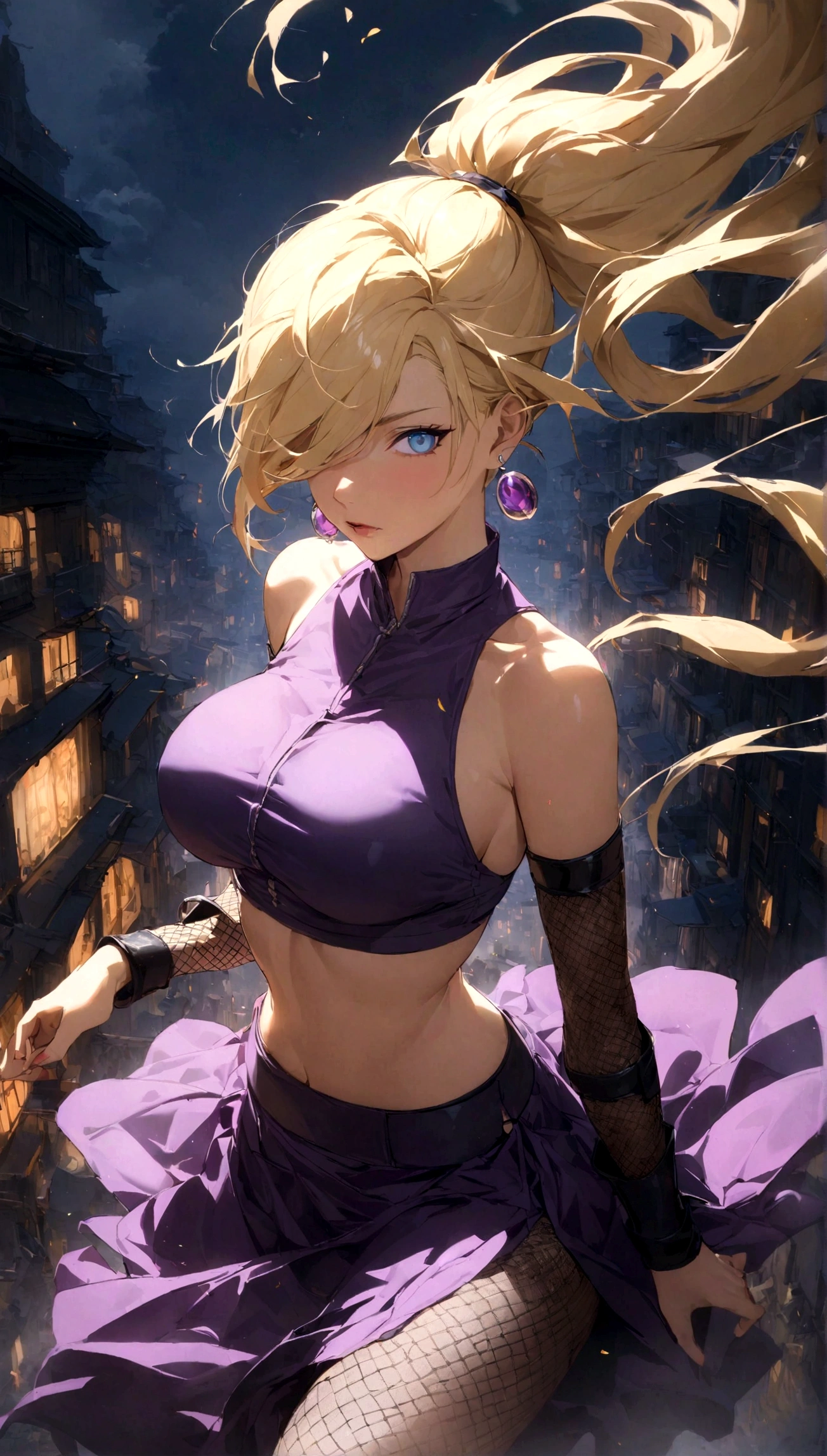 masterpiece, best quality, very aesthetic, absurdres, floating hair, floating clothes, Epic and grandiose scenes,,yamanaka_ino, naruto_(series), naruto_shippuuden,blonde_hair,long_hair, high_ponytail, hair_over_one_eye, blue_eyes, bare_shoulders, purple crop_top, earrings, Fishnet elbow pads, jewelry, large_breasts, midriff, purple skirt, Fishnet stockings,,in a city floating in sky