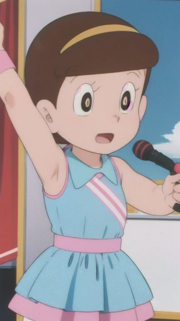 hoshinosumire,,,retro artstyle,1980s \(style\),1990s \(style\),idol,singing,stage,looking_at_viewer,dress,:d,
