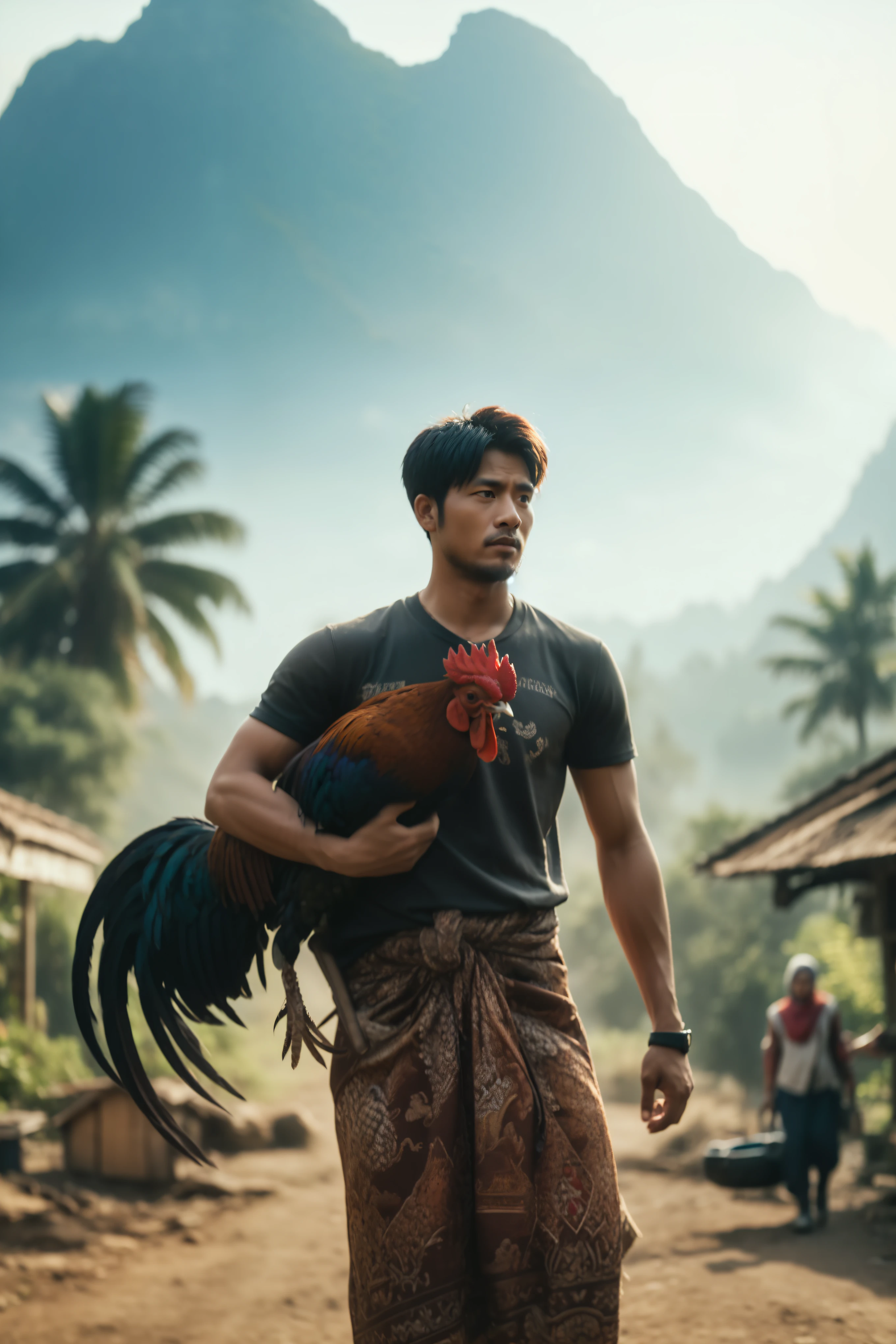 arafed man carrying a rooster on his back in a village, inspired by Rudy Siswanto, movie promotional image, by Rudy Siswanto, movie still 8 k, the king of rooster, film promotional still, still from a live action movie, matte painting portrait shot, shot from movie, still from a movie, cinematic. by leng jun
