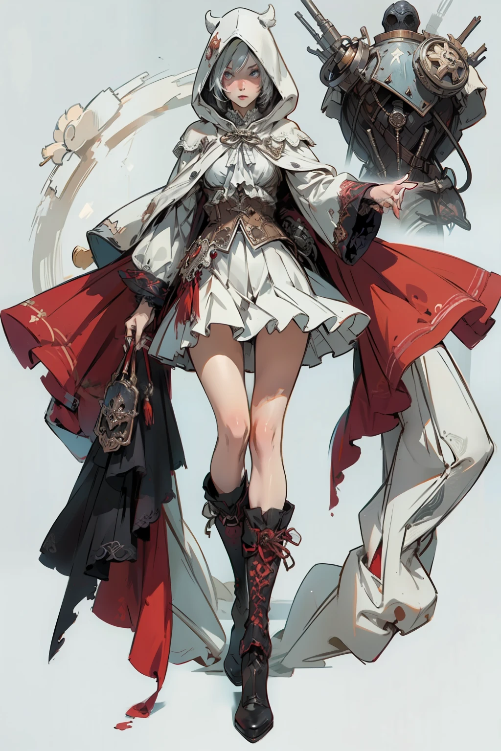 (((masutepiece, of the highest quality, super detailed))), a knight, white background, plain background, Bloodborne inspired, Bloodborne, occult aesthetic, occult, NSFW, red and white clothing detailed and intricate steampunk and detailed gothic ta (with a hood), NSFW, Complex mechanical boots above the knee, Fluttering lace flared mini skirt, NSFW, beautiful small breasts directed upwards, Silver hair swaying in the wind, Emitting a dazzling light in a mandala pattern, white background, Very dramatic and cinematic lighting, red and white clothing, full body, whole body, body, cosmic horror
