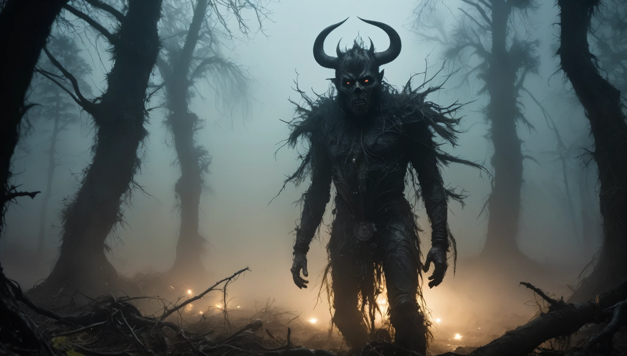 abandoned young graphite Krampus's mummy made of dead plants crawling out foggy Louisiana forest, radioactive atmosphere,charcoal mechanical clockwork trees, steampunk dark horror fantasy, ominous landscapes,large number of stars fly towards the viewer,radioactive world,ruined theme,lots of toxic dust,amazon,full body length shot,once pretty face,full body length, eerie atmosphere, ethereal presence, toxic mists, supernatural entities, sinister aura, dark and twisted branches, macabre elements, eerie and ominous lighting,Complicated detail,captivating creation,intricate details,extremely detailed,masterpiece,intricate details,eyes extremely detailed, high detailed eyes,32k resolution, Nikon Z9,After tsunamis,like Stone Forest in Yunnan Province of China,Simon Stalenhag,Nicola Samori,Wangechi Mutu, horror movie, cinematic look, creepy aesthetic, ultra detailed, photorealistic, masterpiece.