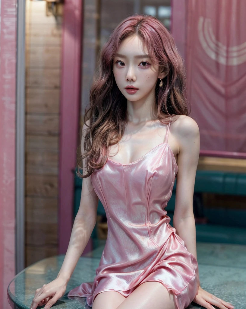 absurdres, RAW photo, extremely delicate and beautiful, masterpiece, Best Quality, ultra high resolution, 32k, hyperrealistic, ultra-detailed, perfect anatomy, perfect figure, Perfect skin, super Detailed skin, muted coral blush, Closed mouth, 20 years old, very Slim body, narrow waist, very small head, very small face, delicate facial features, tearful mole, earring, thin legs, bare legs, (((very huge round breasts))), short medium hair, brown braid hair, ((wavy hair)), (1girl:1.6), (Anatomically correct), (Plump nipples), day light, ((coffeeshop)), Attractive pose, ((Silk hot pink dress:1.3)), ((tightly dress)), ((laced dress)),