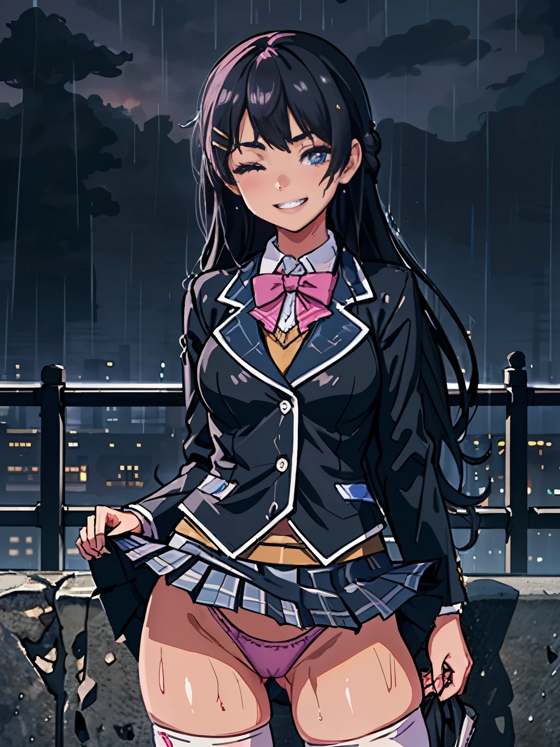 best quality, masterpiece, 1 girl, (silhouette lighting:1.2), (cowboy shot:1.3), one eye closed, grin, tsukino mito, long hair, black hair, blazer, black jacket, hairclip, hair ornament, white thighhighs, bangs, pleated skirt, pink bow, , short sleeves, collared shirt, white shirt, blue eyes, plaid skirt, black skirt, (wet skin, wet clothes:1.5), (skirtlift:1.2), urban rooftop, cityscape, (twilight, dusk, rainy:1.3)