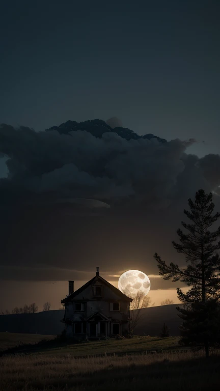 A full moon shining over an abandoned house on a hill, with a dark presence looming around, creating a chilling and suspenseful scene.