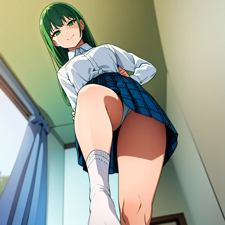 A woman with her foot up, green hair, skirt, shirt, socks, towering over you, pov, looking down at you, smirk, view from below