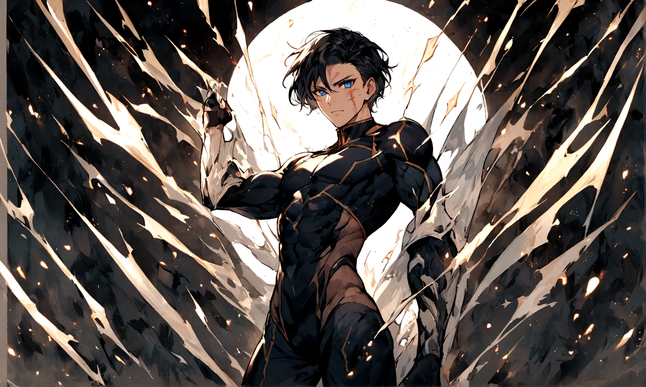 Kellian: - A brave young man in his twenties. - Tall and athletic, with stretched muscles and a fit body. - He appears in fighter attire bearing the marks of battle and aspirations. - Distinguished by sparkling blue eyes full of bravery and determination. - His short black hair stands up prominently behind him, adding a touch of strength and firmness to his appearance
