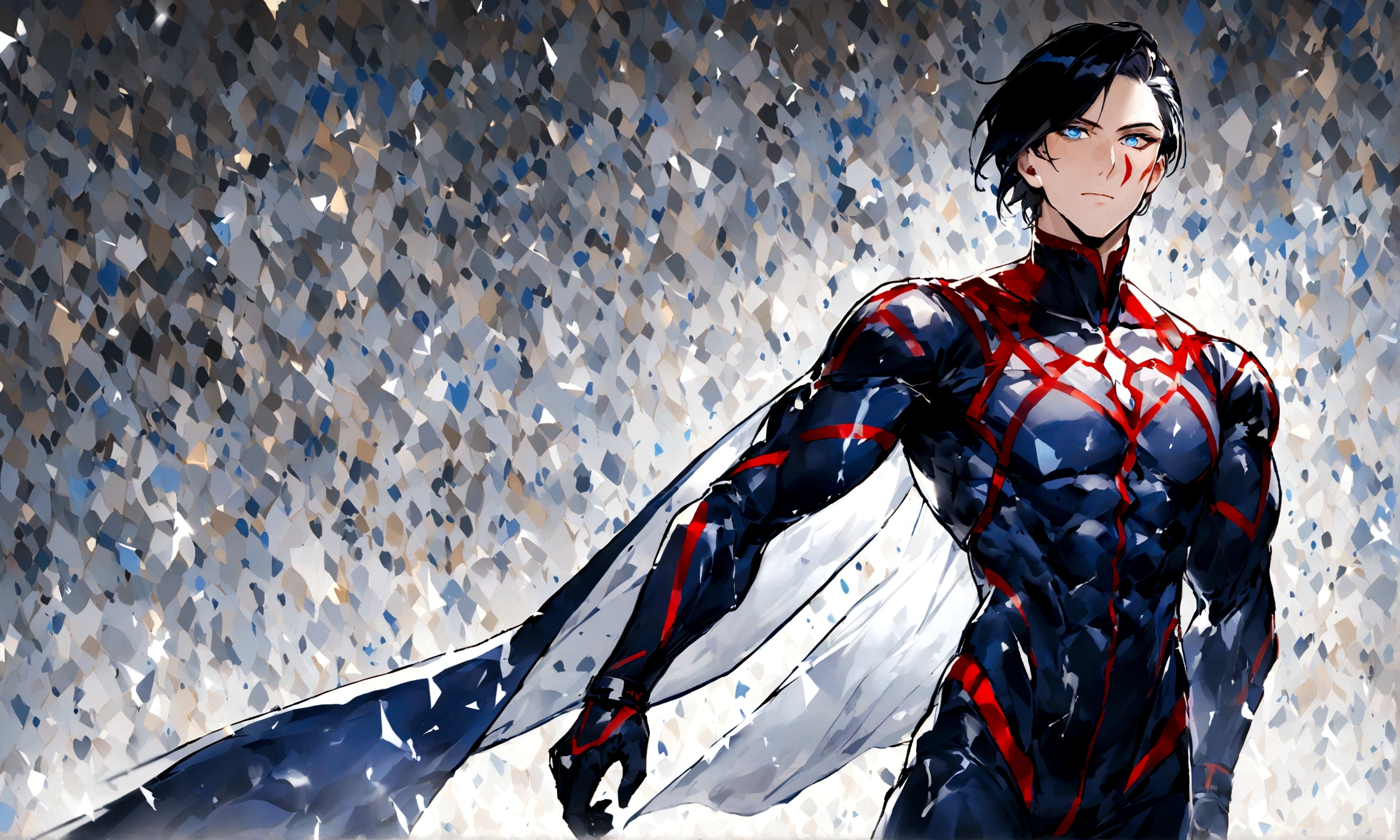 Kellian: - A brave young man in his twenties. - Tall and athletic, with stretched muscles and a fit body. - He appears in fighter attire bearing the marks of battle and aspirations. - Distinguished by sparkling blue eyes full of bravery and determination. - His short black hair stands up prominently behind him, adding a touch of strength and firmness to his appearance