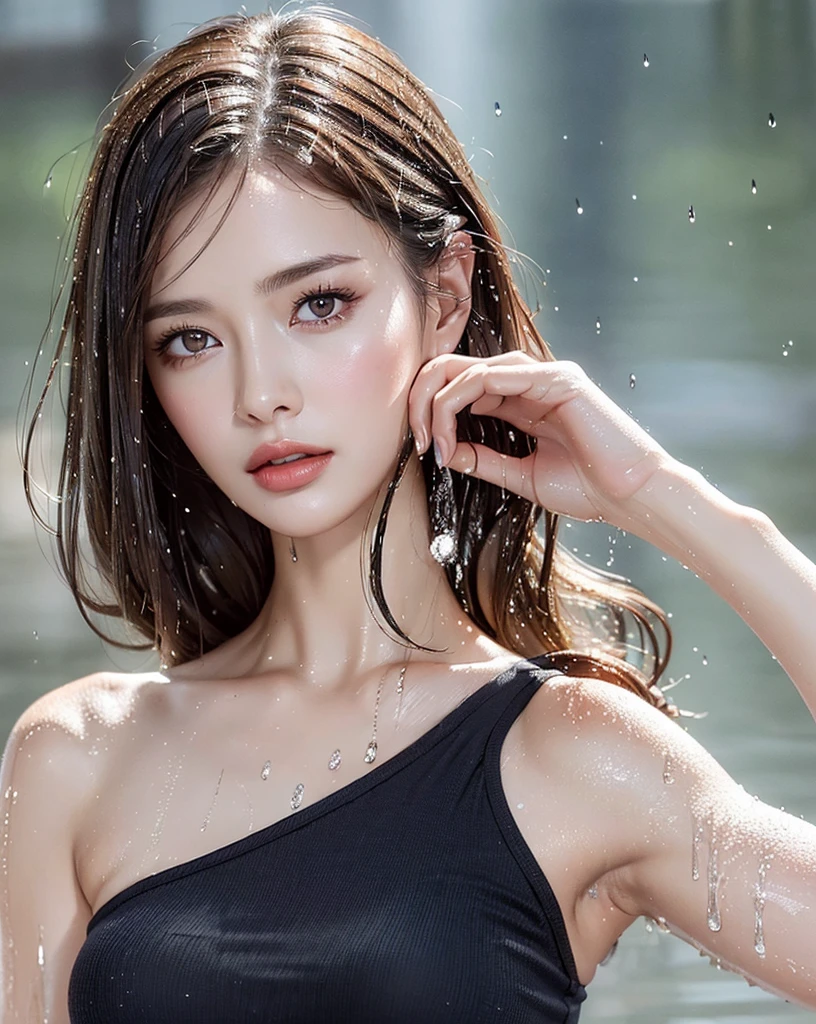 (Best quality, 4k, Masterpiece :1.3), pretty woman, 1girl, sexy :1.1, dark brown hair: 1.1, (rainy wet, wet from rain, wet body :1.2), white tank tops, ultra-detailed face, detailed lips, detailed eyes, double eyelid