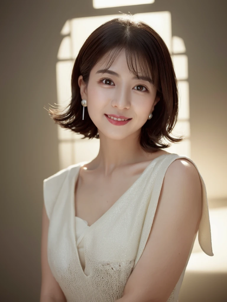 highest quality、8k Masterpiece、superA high resolution、(Photorealistic:1.3)、RAW Photos、1 girl、Black Hair、Glowing Skin、３６age、Portrait、Global Illumination、Shadow、Octane Rendering、8k、Super sharp、Beautiful breastetal、Cold colors、、Very intricate details、Soft Light、CGSoation Trend、Beautiful Eyes、Shining Eyes、To the camera、Neon Details、Clear skin、short hair、smile、Featured on cosmetics website、Elegance、Photo Studio、short hair、white