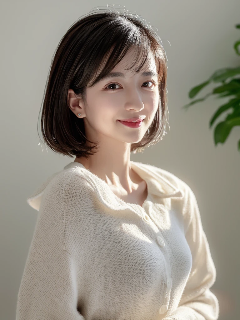highest quality、8k Masterpiece、superA high resolution、(Photorealistic:1.3)、RAW Photos、1 girl、Black Hair、Glowing Skin、３６age、Portrait、Global Illumination、Shadow、Octane Rendering、8k、Super sharp、Beautiful breastetal、Cold colors、、Very intricate details、Soft Light、CGSoation Trend、Beautiful Eyes、Shining Eyes、To the camera、Neon Details、Clear skin、short hair、smile、Featured on cosmetics website、Elegance、Photo Studio、short hair、white