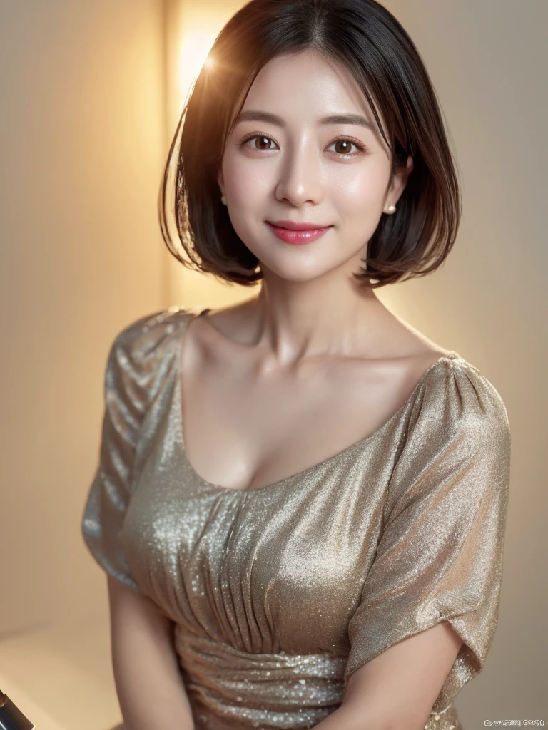 highest quality、8k Masterpiece、superA high resolution、(Photorealistic:1.3)、RAW Photos、1 girl、Black Hair、Glowing Skin、36age、Portrait、Global Illumination、Shadow、Octane Rendering、8k、Super sharp、Beautiful breastetal、Cold colors、、Very intricate details、Soft Light、CGSoation Trend、Beautiful Eyes、Shining Eyes、To the camera、Neon Details、Clear skin、short hair、smile、Featured on cosmetics website、Elegance、Photo Studio、short hair、white